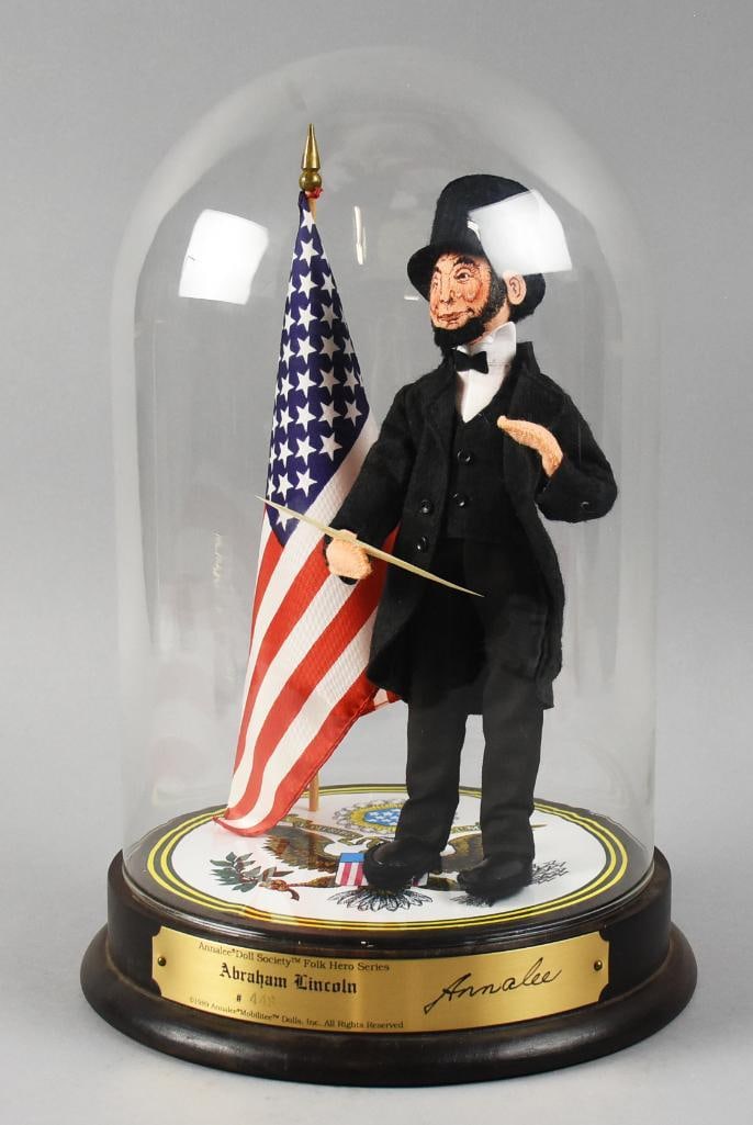 1989 Annalee Doll Society Abraham Lincoln, Ltd Ed: Darling Annalee Doll Society limited edition. It is from the Folk Heroes Series and features Abraham Lincoln. He is standing under a glass dome, numbered 448 and stands approx. 14" tall.
