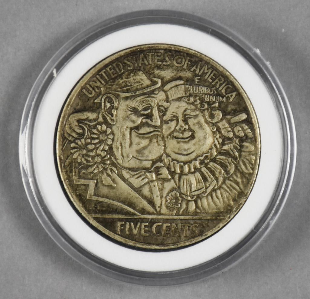 Man & Woman Hobo Coin, Nickel & One Dollar: Fun hobo coin that is a nickel on front of a man and woman with the woman holding flowers. The back is a one dollar "silver" eagle. Untested.