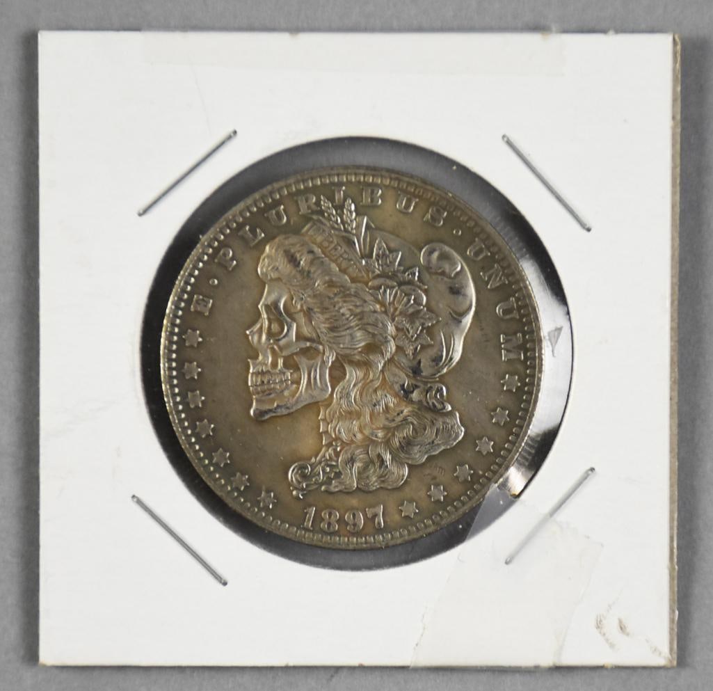1897 Morgan Silver Dollar Skull Hobo Dollar Coin: Such a cool coin in this 1897 replica Morgan silver dollar with skull head and eagle skeleton on back.