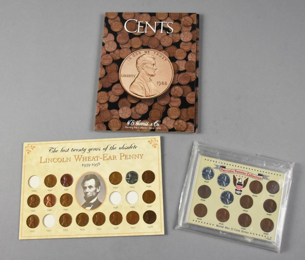 Assorted Obsolete Lincoln Penny Collections: Lot is for some fun and obsolete Lincoln penny collections. All are in their own individual displays. The Harris & Co CENTS is full, the Lincoln Wheat-Ear is missing four and Patriotic Pennies