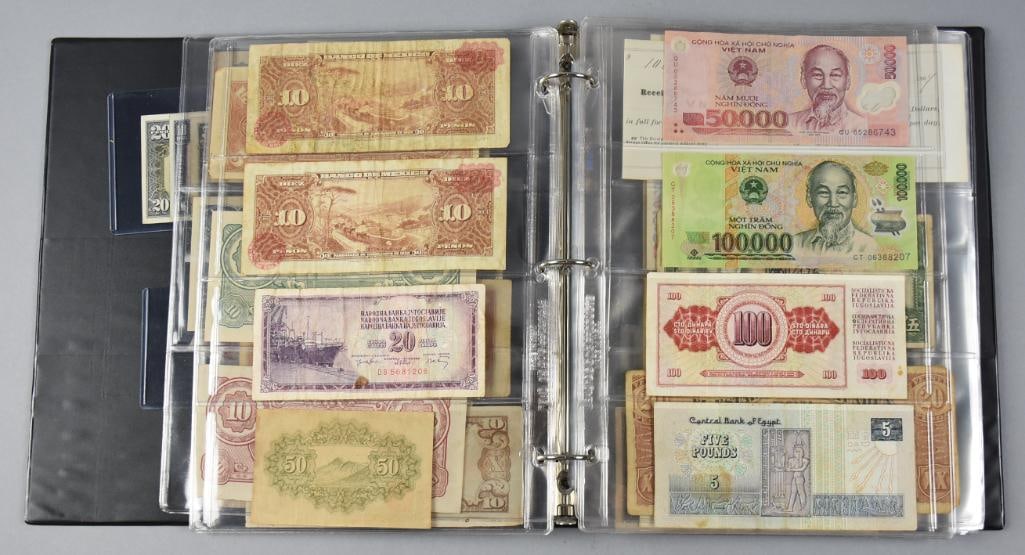 Foreign Currency, Three Ring Binder Full: This three ring binder is filled with foreign currency that includes countries like Viet Nam, Mexico, Venezuela and more. All currency unchecked.