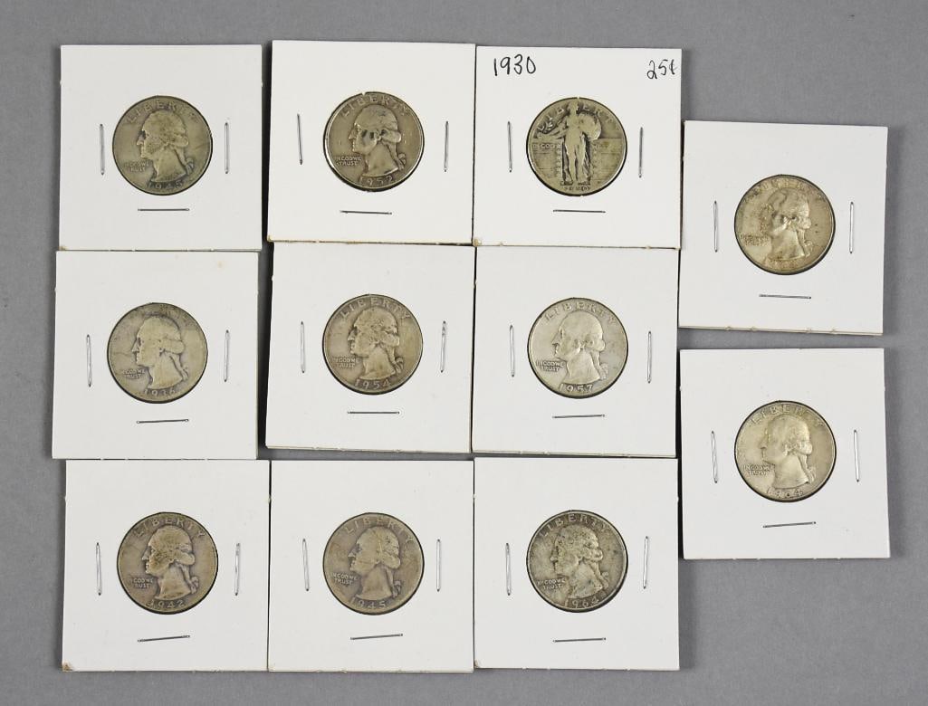 1930, 1936-1964 Standing & Washington Quarter Collection: Wonderful lot consisting of one 1930 Standing quarter with the rest being Washington dated 1936, 1942, two 1945, 1952, 1954, 1957 and three 1964.