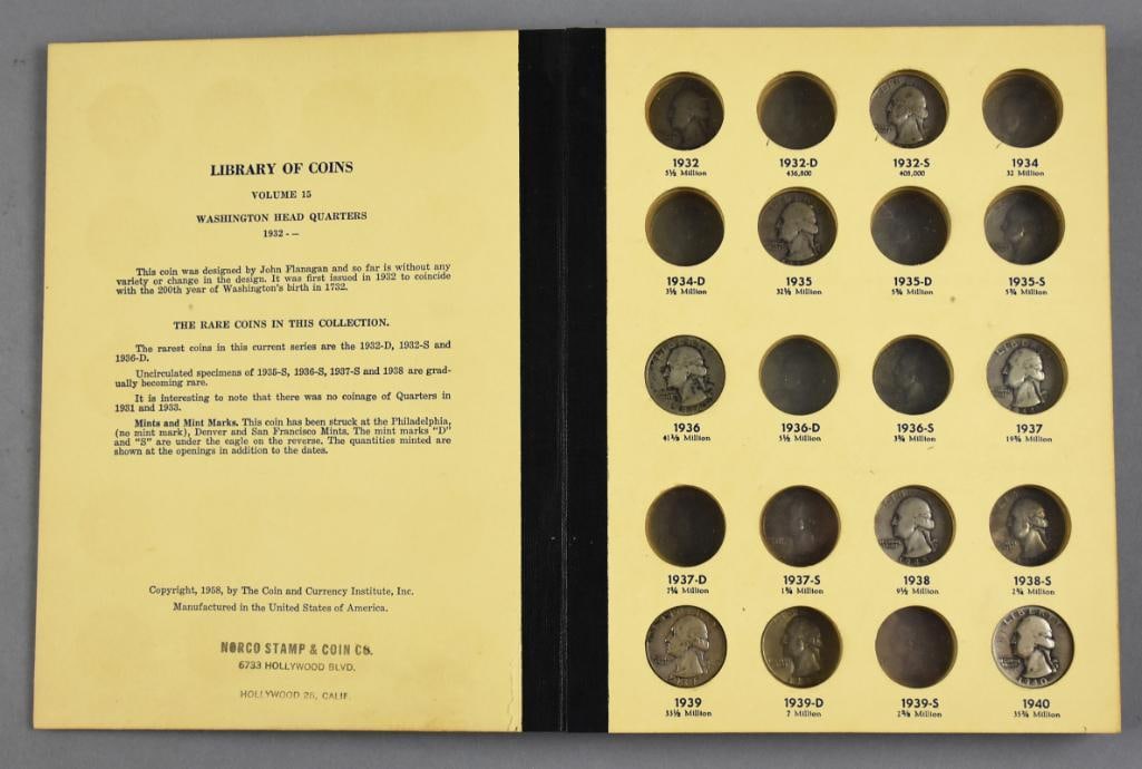 Washington Quarters 1931 - All Silver, 40 Coins: Lot is The Coins & Currency Institute Library of Coins Washington Quarters. Year imprinted on the cover is 1931, coins go up to 1964, 40 coins in total.