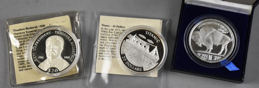 999 Fine Silver Commemorative Collectible Coins: Nice lot of 999 Fine silver commemorative coins that include Theodore Roosevelt, the Titanic and a Buffalo nickel. All are 999 and have a combined weight of 2.5 ounce, Troy.