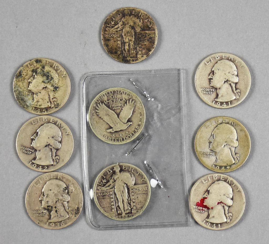 1920s-1940s 90% Silver Standing & Washington Quarters: Great lot of 90% silver quarters. Walking dates are 1925, 1927 and 1929. Washington dates are 1936, 1941 x 2, 1942 x 2 and a 1945.