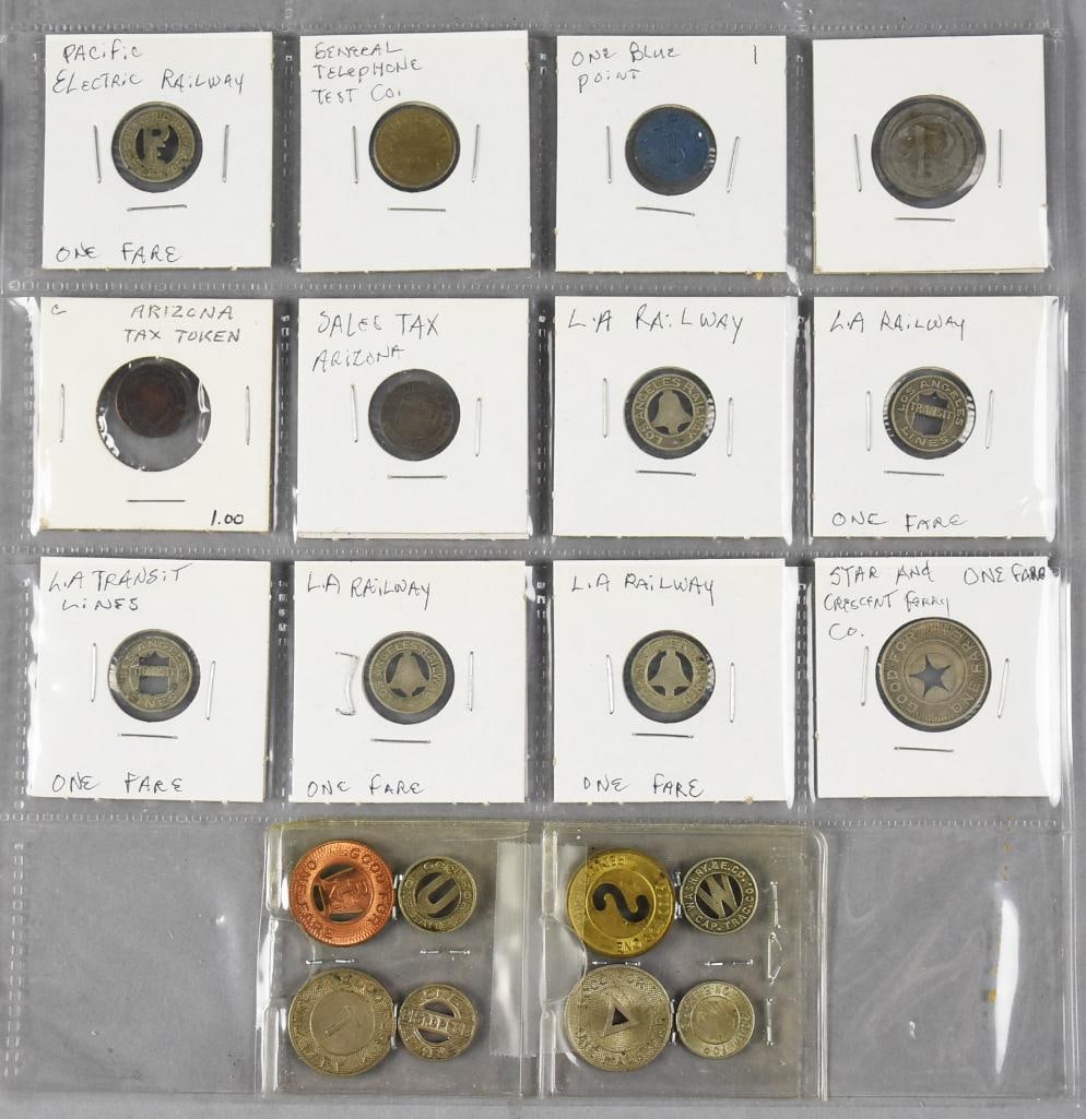 Assorted Vintage Railway, Tax and Other Tokens: Great vintage lot of tokens for various industries. Includes General Electric, LA Railway, LA Transit, Arizona Tax, Pacific Electric and others. Most are sleeved as shown.