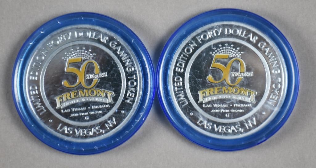 Freemont Las Vegas $40 Forty Dollar Gaming Tokens: Lot is for a pair of Las Vegas $40 gaming tokens for the Freemont Casino.