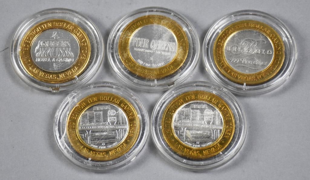 .999 Silver Strike Casino $10 Gaming Tokens Ltd. Ed.: All of these tokens are limited edition. There are 4 Queens, Belagio and two are for Nevada Wildlife. Each is a $10 gaming token and will come in these plastic cases. Four are marked 999 fine on the