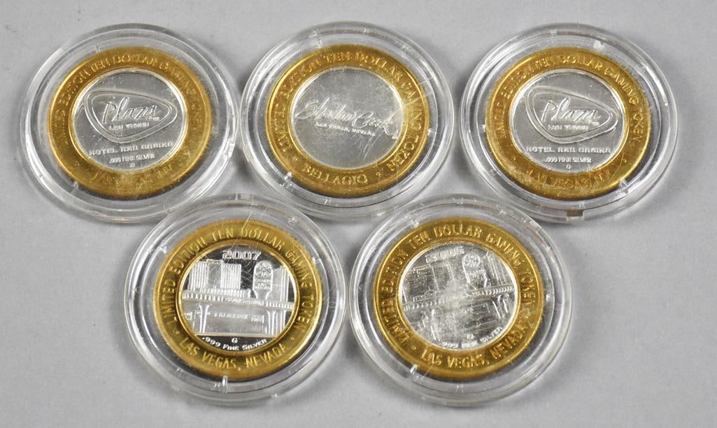 .999 Silver Strike Casino $10 Gaming Tokens Ltd. Ed.: All of these tokens are limited edition. There are Plaza, Shadow Creek and two are for Nevada Wildlife. Each is a $10 gaming token and will come in these plastic cases. Four are marked 999 fine on
