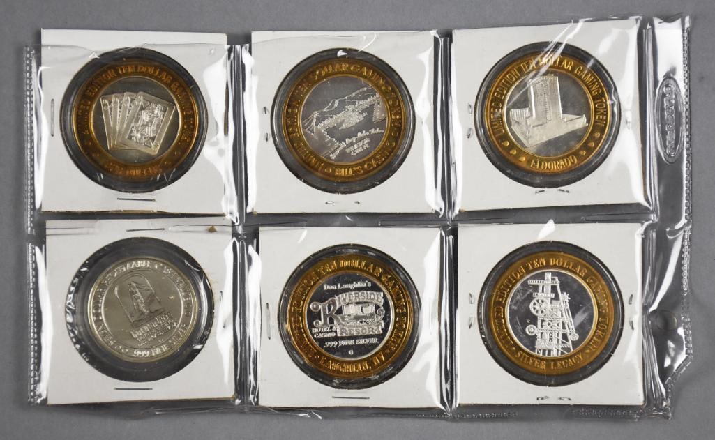 .999 Silver Strike Casino $10 Gaming Tokens Ltd. Ed.: These six casino chips are .999 fine and are limited edition. They are each a $10 value and are for various Las Vegas casinos. Each is approx. .6 ounce troy.