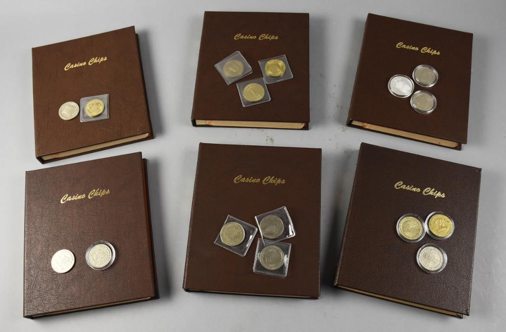 Dansco Casino Chip Albums & Loose Chips: Fun lot of casino chips that include six Dansco Casino Chip albums. They are mostly full, with one missing some chips. They have been unsorted and may contain duplicates. Included are a handful of