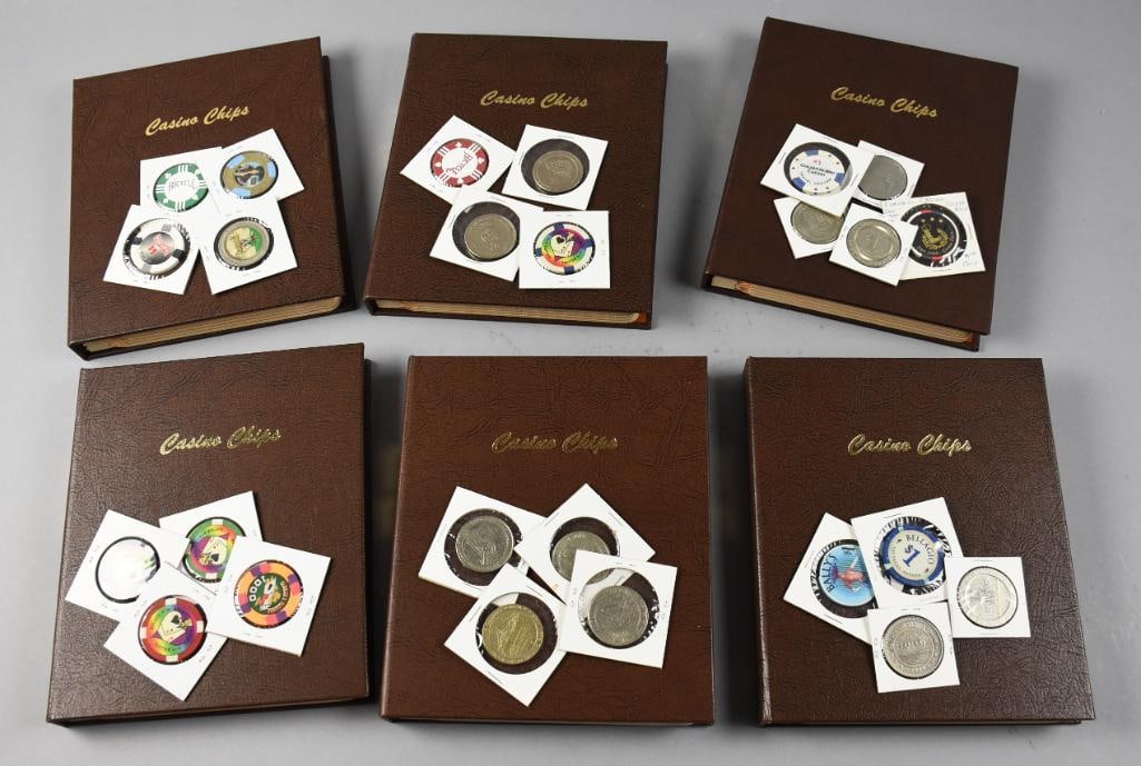 Dansco Casino Chip Albums & Loose Chips: Fun lot of casino chips that include six Dansco Casino Chip albums. They are mostly full, with one missing some chips. They have been unsorted and may contain duplicates. Included are a handful of