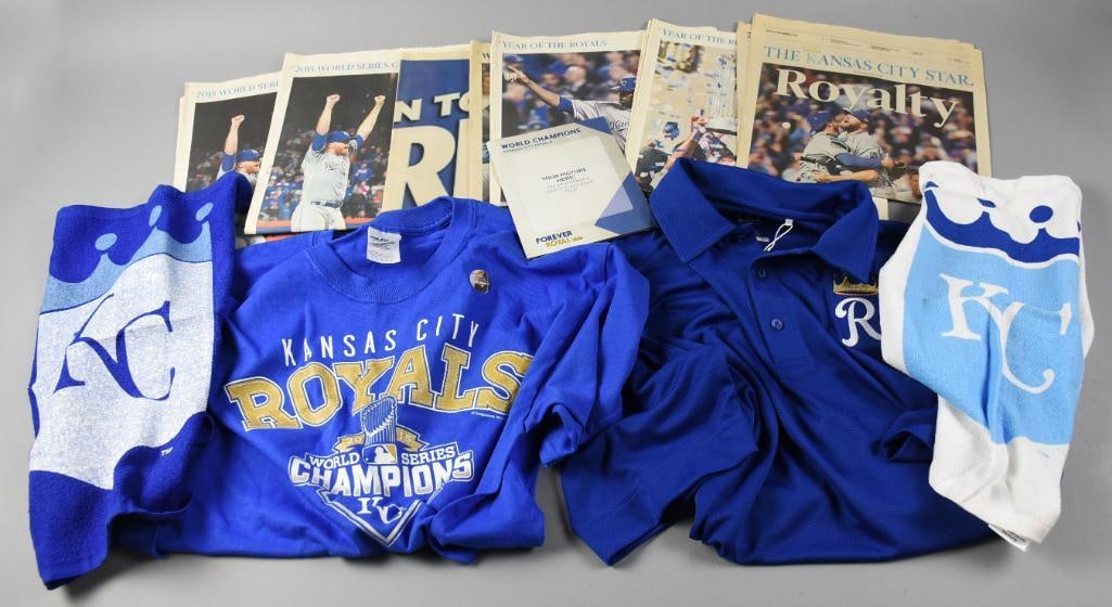 2015 Kansas City Royals World Series Winner Collection: If you missed your opportunity to own some merchandise from the 2015 World Series champion Kansas City Royals, now is your chance. Lot includes a t-shirt, golf shirt, nine assorted newspapers, towels