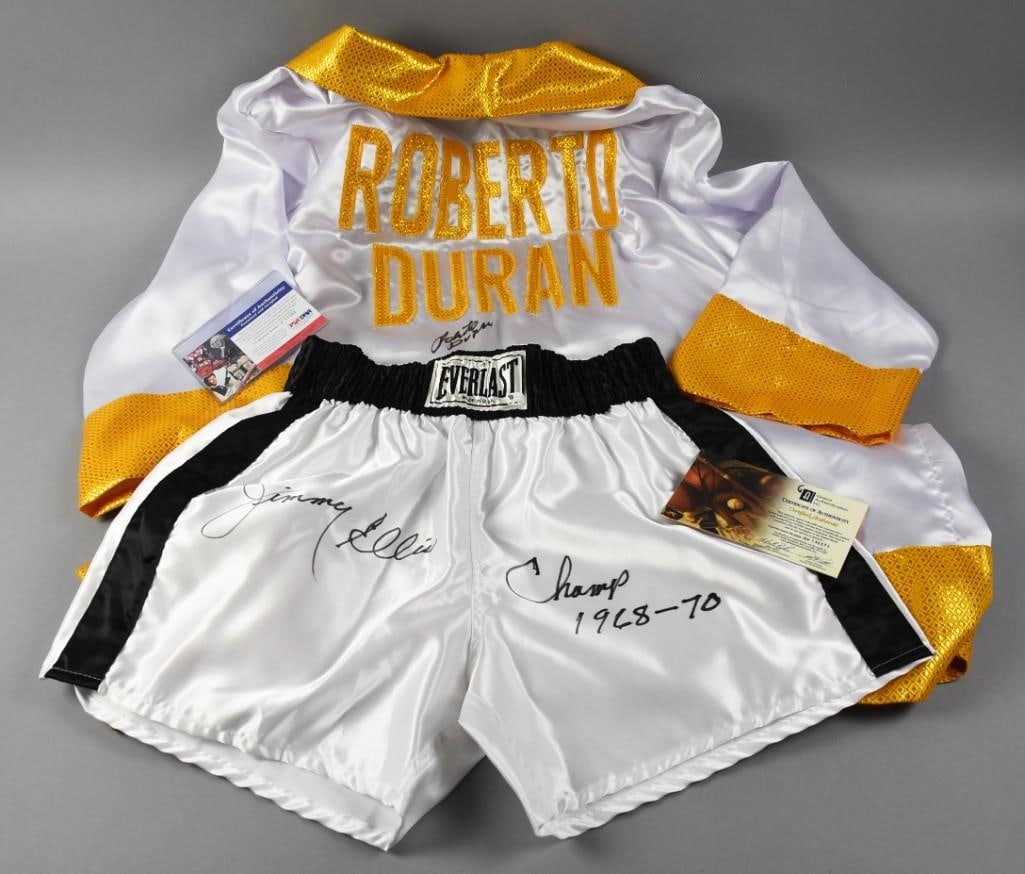 Roberto Duran, Jimmy Ellis Signed Boxing Gear, COA, Stickers (1 of 10)