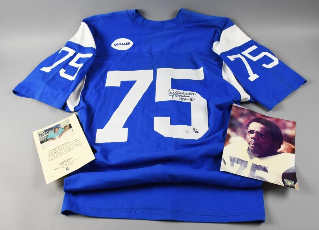 Deacon Jones Signed Throwback Jersey with COA: This cool jersey was signed by defensive end Deacon Jones (1938-2013). It is a throwback jersey, number 75, and is a limited edition 11 of 26. It comes with a COA from Athletic Promotional Events.