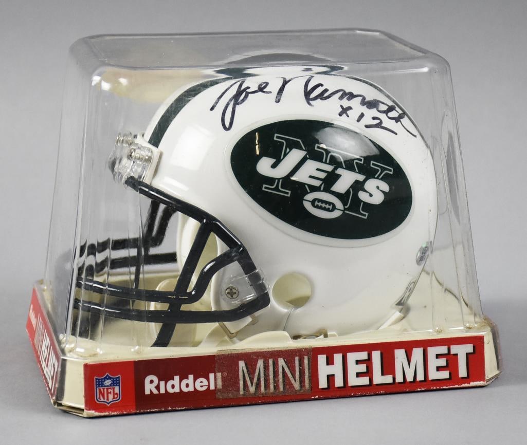 Joe Namath Signed Riddell Mini Helmet, NFL Official Hologram: Cool Riddell mini helmet signed by Pro Football Hall of Fame New York Jets/Los Angeles Rams quarterback Joe "Broadway Joe" Namath. Comes in the original packaging with the Official NFL hologram
