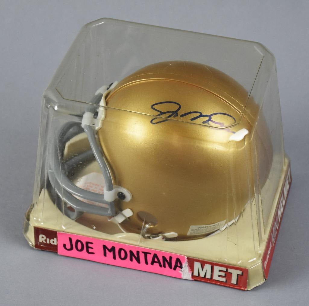 Joe Montana Signed Riddell Mini Helmet, USA Hologram: Very nice mini helmet signed by Hall of Fame San Francisco/Kansas City Chiefs quarterback, Joe Montana. Helmet comes in the original packaging and retains the Universal Sports Authority hologram