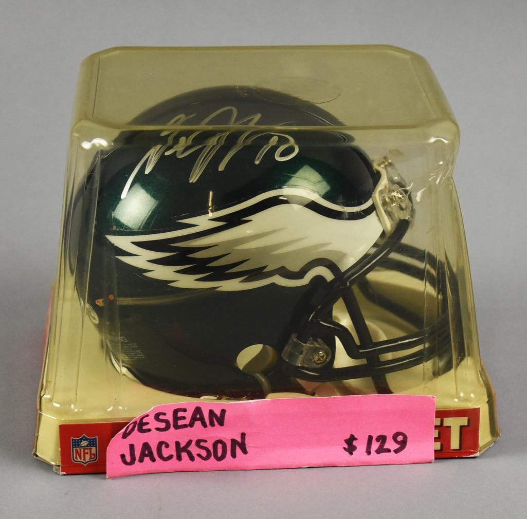 Desean Jackson Signed Eagles Mini Helmet, Hologram Sticker: Desean Jackson, wide receiver for the Philadelphia Eagles, signed this mini helmet. It is in the original packaging with the original NFL hologram sticker number: NF412655092.