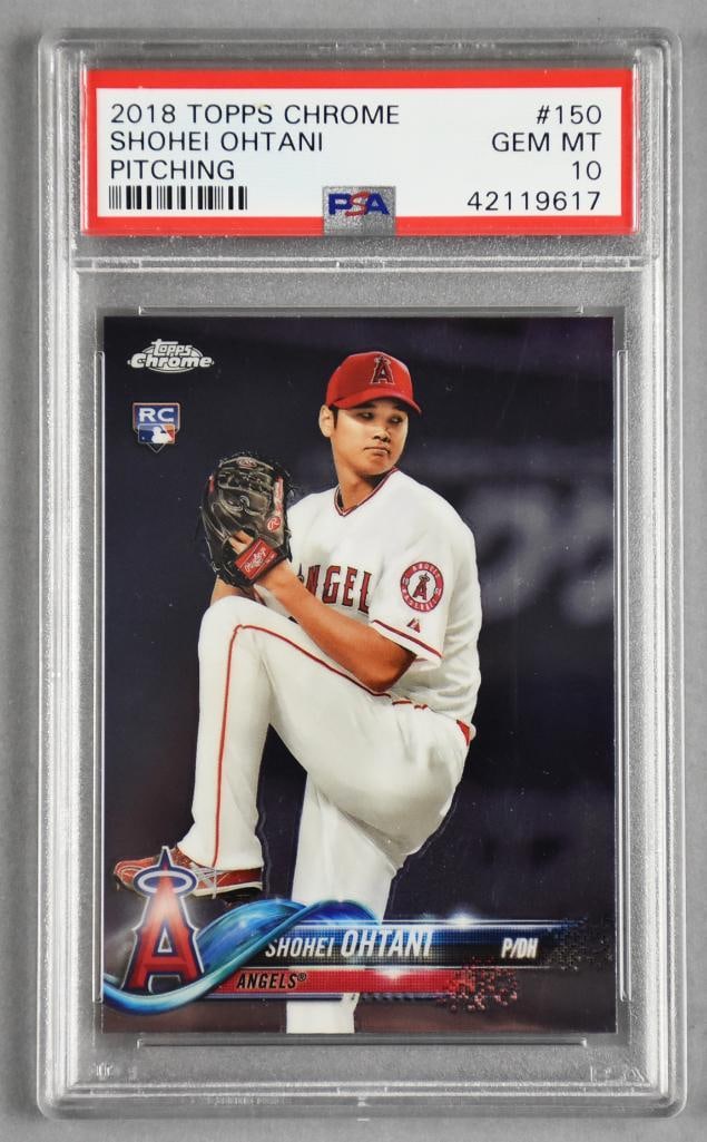 2018 Topps Chrome Shohei Ohtani Pitching, PSA GEM MT 10: Great rookie card for Angels pitcher Shohei Ohtani, Topps Chrome from 2018. PSA graded GEM MT 10.