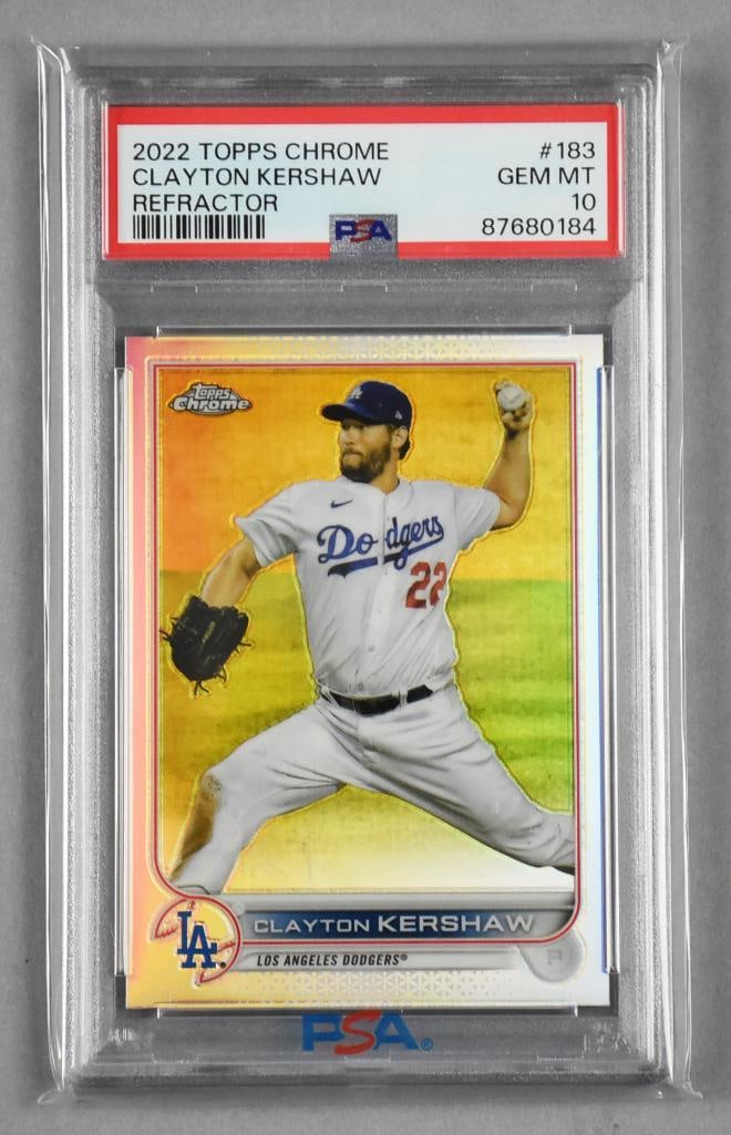 2022 Topps Chrome Clayton Kershaw Refractor PSA GEM MT 10: Here is a cool 2022 Topps Chrome Clayton Kershaw Refractor card. He is now retired from the LA Dodgers. It is PSA GEM MT 10.