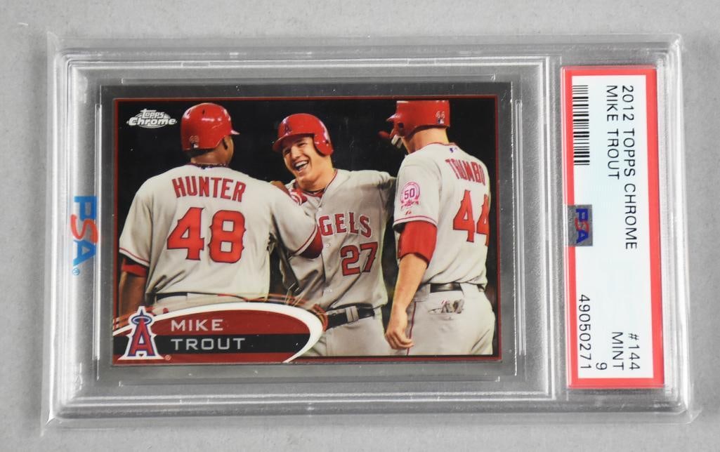 2012 Topps Chrome Mike Trout PSA Graded Mint 9: This great card is a 2012 Topps Chrome Mike Trout, group card with Torri Hunter and Mark Trumbo. Graded PSA Mint 9.