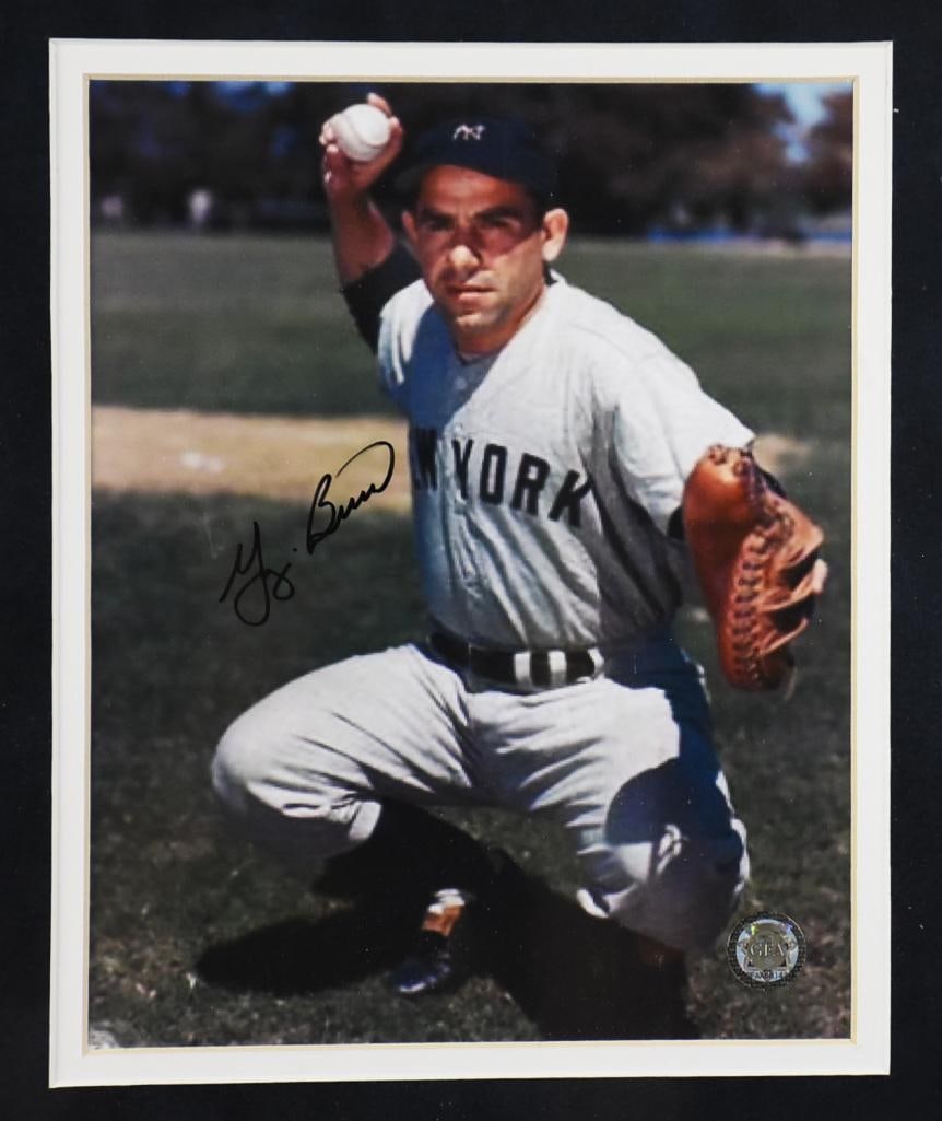 New York Yankee Superstar Signed Memorabilia, GFA Cert: Terrific collection of New York Yankee greats signed action photographs. You will get Joe DiMaggio, Yogi Berra and Mickey Mantle photos, each with their own individual plaque and are nicely framed.