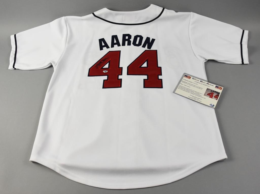 Hank Aaron Signed Baseball Jersey w/ COA, Hologram Sticker: Awesome Atlanta Braves baseball jersey signed by the late great Hank Aaron (1934-2021). Home jersey signed in the number and includes COA from Universal Sports Authority, number USA 6039.