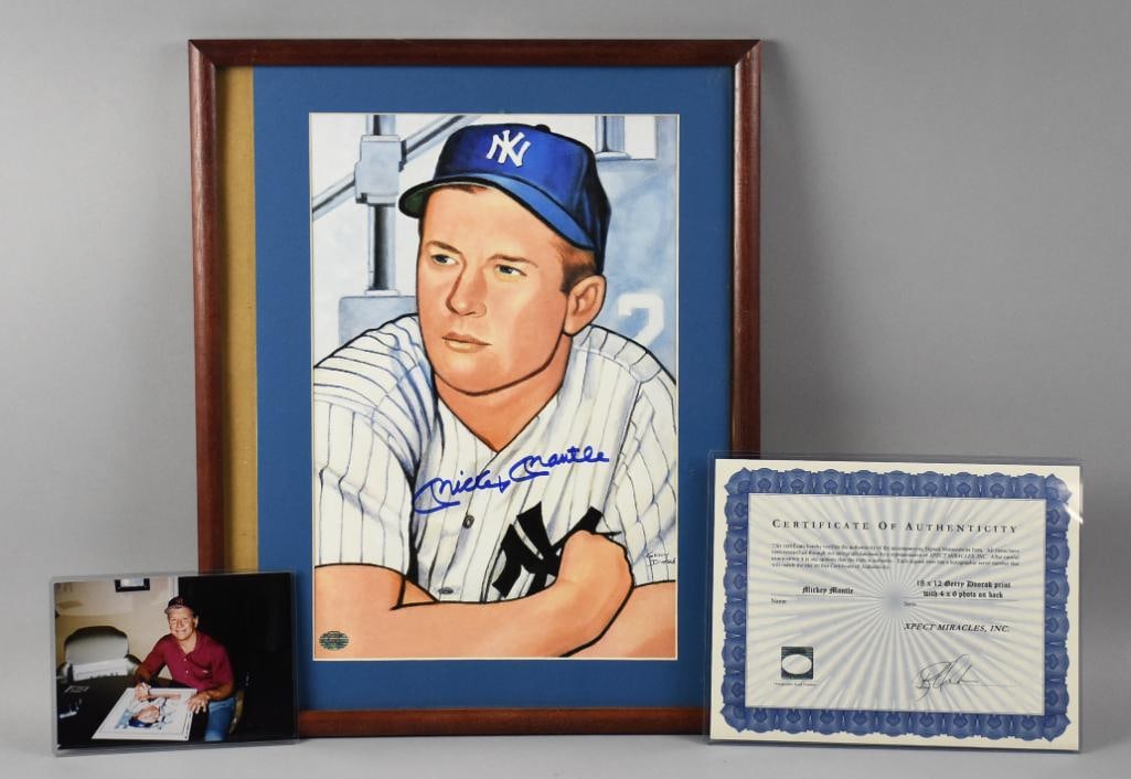 Mickey Mantle Signed Gerry Dvorak Print & Photo w/ COA: Very cool Gerry Dvorak print of Mickey Mantle, signed by Mickey Mantle. Print is an 18" x 12" and is framed. Includes a photo of Mantle signing one of Dvorak's prints. Includes a COA from Xpect