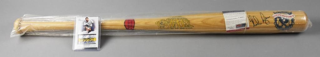 Nolan Ryan Hall of Fame Pitcher Signed Bat & Ticket Stub PSA: Awesome Nolan Ryan pieces, signed by the Hall of Fame pitcher. This includes his signature on the ticket stub from his 6th No-Hitter in Oakland. You will also get this great Cooperstown bat signed