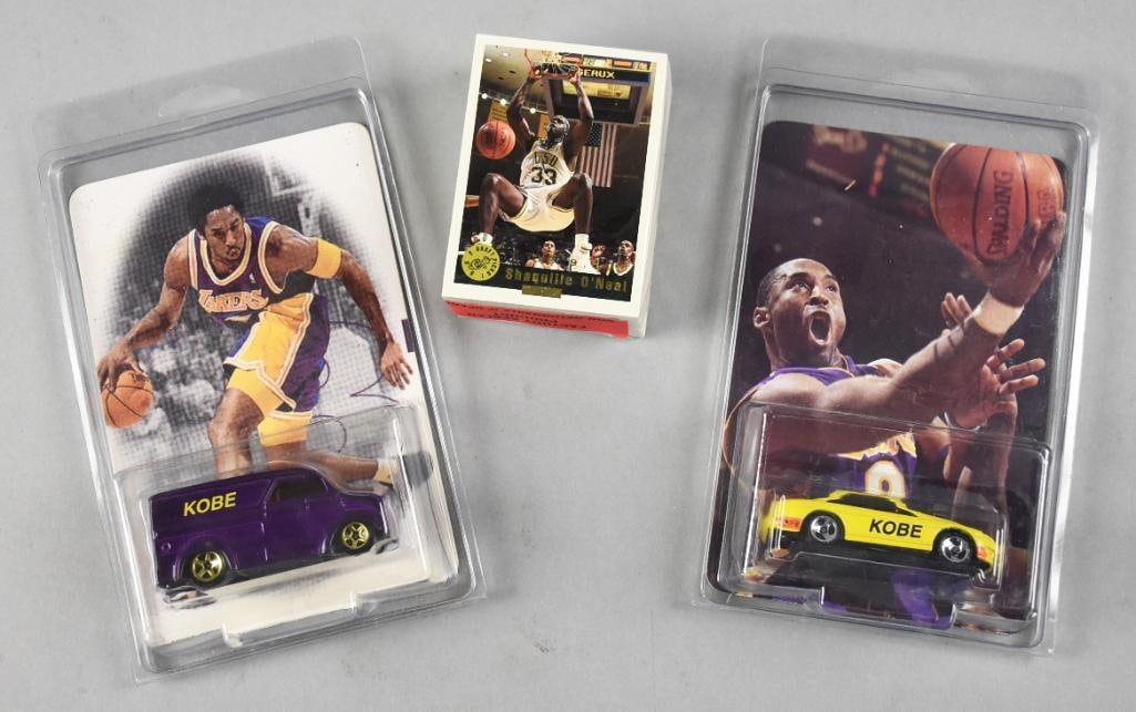 Speedway Steve Kobe Bryant Die-Cast, Classic Draft Picks Cards: Laker's lot featuring a pair of limited edition Speedway Steve Die-cast cars for Kobe Bryant. Includes a 1992 Classic Draft Picks trade cards with Shaquille O'Neal on the front. Factory sealed.