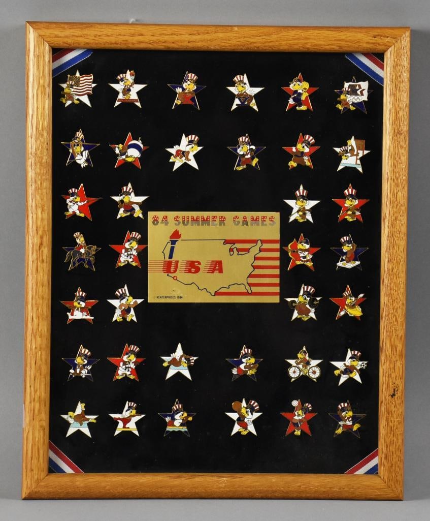 1984 Los Angeles Summer Olympics Lapel Pin Set, Framed: This great set of lapel pins are from the summer Olympics in Los Angeles, 1984. This set appears to be complete with the Eagle mascot representing the events of the games. Does not appear to have