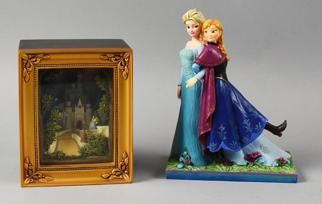 Disney Showcase & Theme Park Collectible Figures MIB NOS: Darling lot of Disney collectibles. They include a 3D Cinderella Castle from the Olszewski Gallery of Light and a Sisters Forever figurine from the Disney Showcase Collection. Both come in the