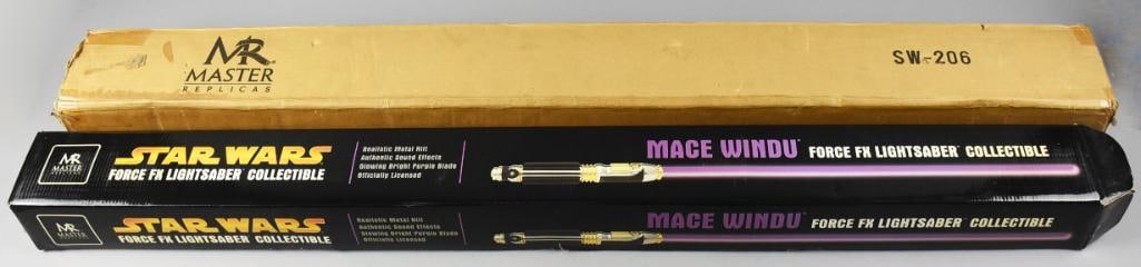 Master Replicas Star Wars Windu Force FX Lightsaber MIB NOS: Great Mace Windu Force FX Lightsaber from Master Replicas. Star Wars collectible comes in the original box with original factory shipping box.