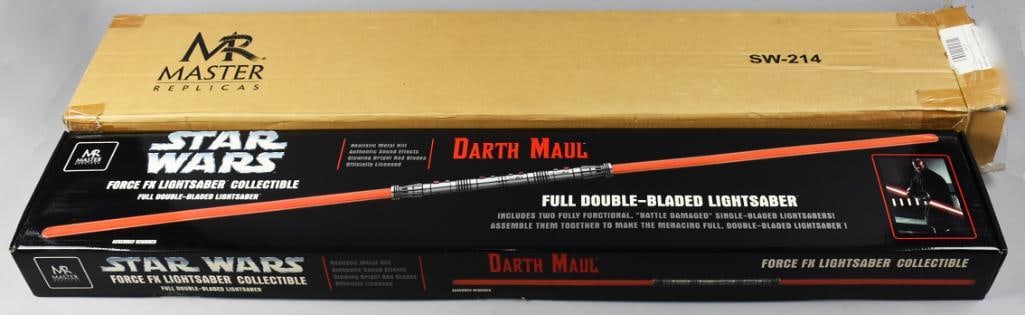 Master Replicas Darth Maul Double Bladed Lightsaber MIB NOS: Awesome Darth Maul Full Double Bladed Lightsaber from Master Replicas. Star Wars collectible comes in the original box with original factory shipping box.