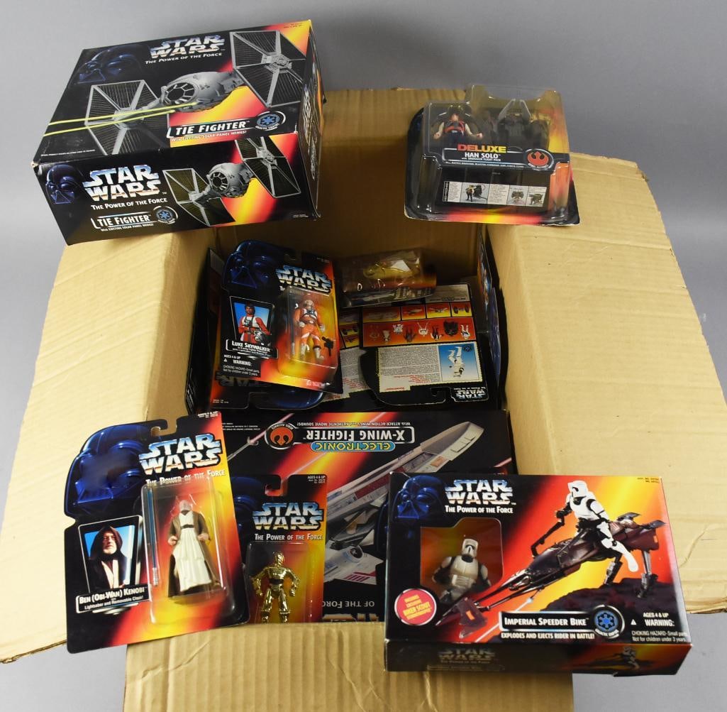 (19) Kenner Star Wars Power of the Force Action Figures NOS: Lot is for 19 Star Wars Power of the Force action figures from Kenner. Includes Ben (Obi Wan) Kenobi, TIE Fighter, Luke Skywalker, X-Wing Fighter and more. Counted, unchecked.