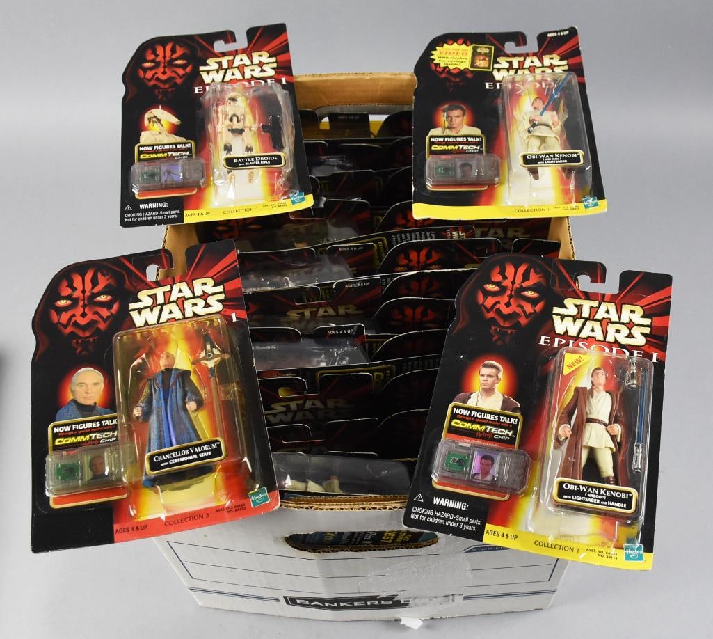 (33) Kenner Star Wars Episode 1 Action Figures MOC NOS: Lot is 33 assorted Kenner Star Wars action figures for Episode 1. Includes Battle Droid, Obi Wan Kenobi, Chancelor Valorum and more. Counted but unchecked. May contain duplicates and duplicate