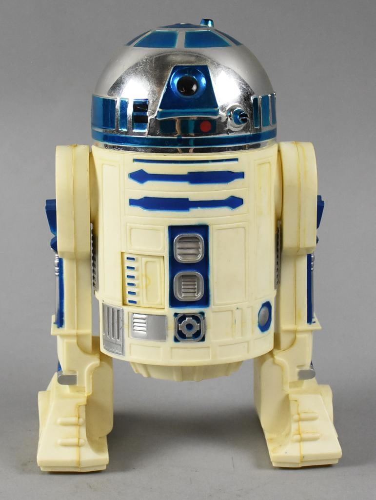 1978 Kenner Star Wars R2D2 w/ Death Star Plans: Cool retro R2D2 figure from Star Wars. Manufactured by Kenner. Figure has Death Star Plans in back open panel. Stands approx. 8" tall.