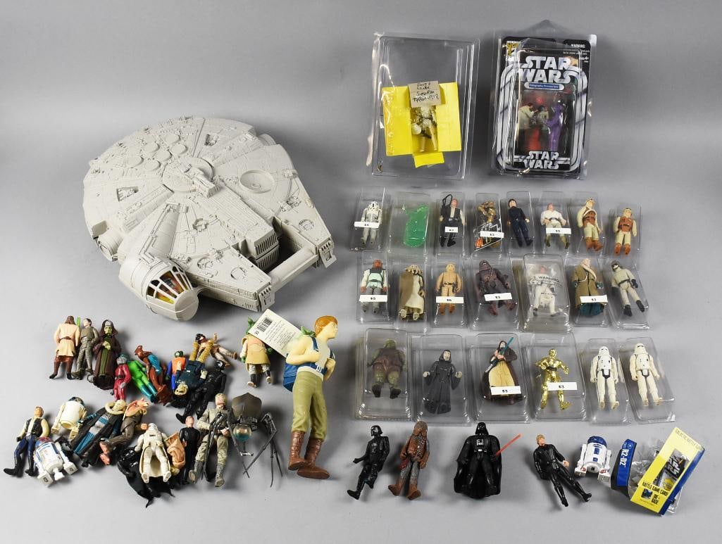 Assorted Star Wars Action Figures, Loose, Millennium Falcon: This is a nice cool collection of vintage Star Wars action figures, they are mostly loose and include Stormtroopers, Chewbacca, Luke Skywalker, Han Solo, R2D2, C3PO, and more. Includes a Millennium