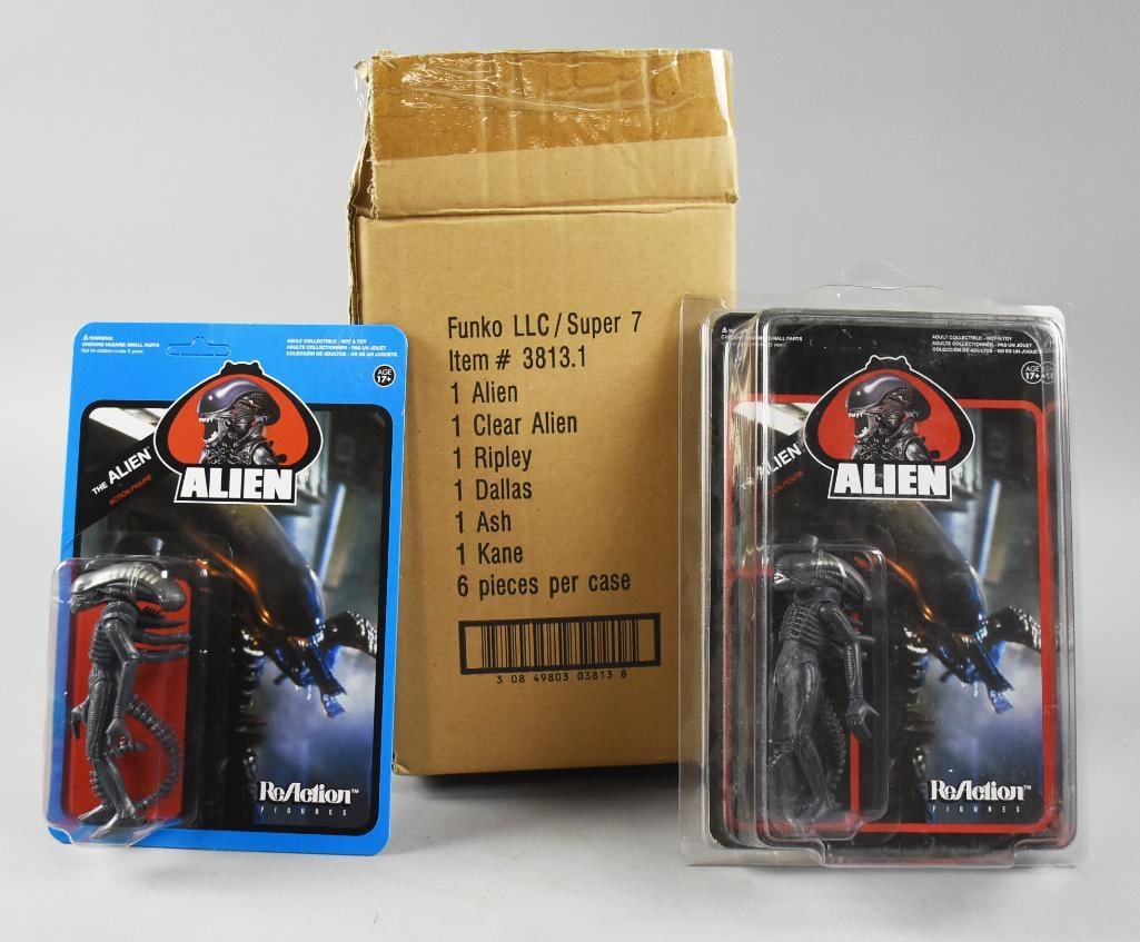 2013 Funko ReAction Figures Alien, Factory Case MOC NOS: These are very cool and scarce action figures from 2013 Funko ReAction Figures. Case contains Clear Alien, Alien, Ripley, Dallas, Ash and Kane. Comes in the original factory case.