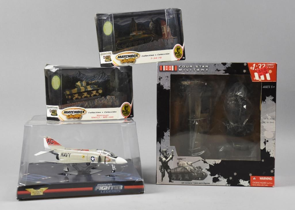 Matchbox, Corgi, 21st C Toys Military Die-Cast Toys MIB NOS: Cool toys all military related. Includes a 21st Century Toys Four Star Military, Corgi Modern Fighter Legends and two Matchbox - T-34/76 and Sherman Tank. Single owner collection from the largest toy 