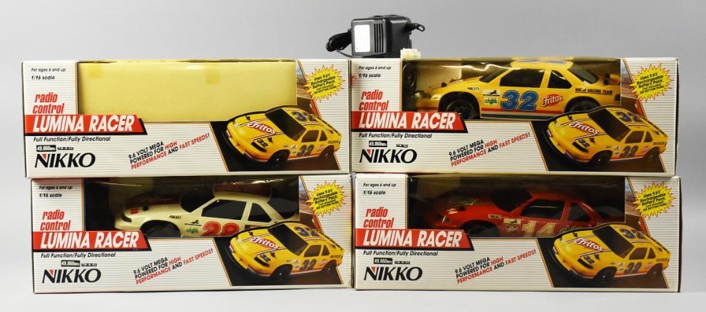 (4) Nikko Lumina Racers Radio Controlled Cars, MIB NOS: These are great and new in box Nikko Lumina Racers. They are all radio controlled race cars each with different advertising. One cannot be verified as it is in extra wrap.?