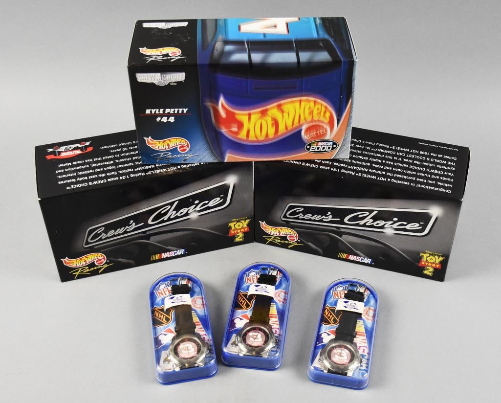 1990s Mattel Hot Wheels Exclusives, Sportivi NASCAR MIP NOS: Includes three Sportivi Dale Earnhardt watches and Hot Wheels Kyle Petty with two Toy Story. All NASCAR. Single owner collection from the largest toy collector on the West Coast.