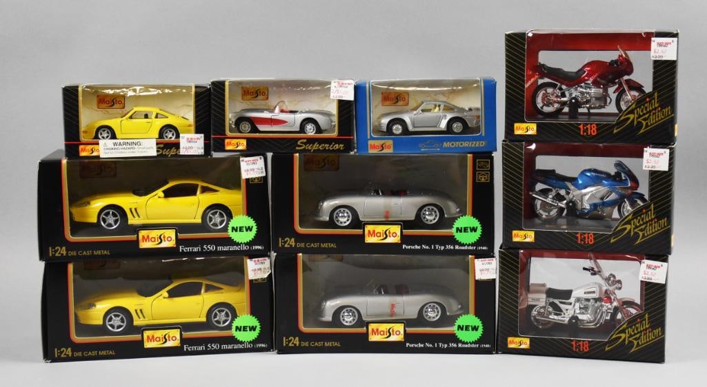 (10) 1990s Maisto Die-Cast 1:18 & 1:24 Assortment-MIB-NOS: Lot is 10 1990s Maisto Die-Cast 1:18 & 1:24 Assortment-MIB-NOS. Includes Ferrari, Porsche and motorcycles. Lot with duplicates. Single owner collection from the largest toy collector on the West