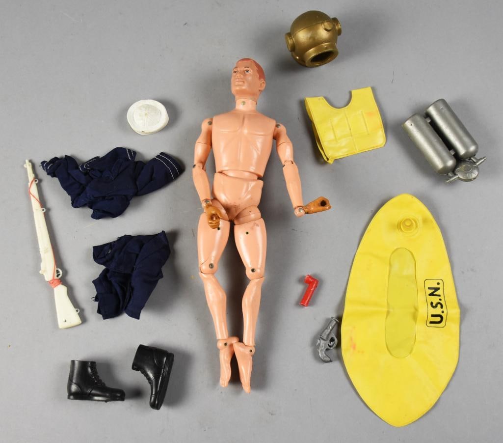 Vintage GI Joe Action Sailor, Uniform and Accessories: Lot is for a vintage GI Joe Action Sailor. Included is a uniform, boots, hat, rifle, raft and others.?