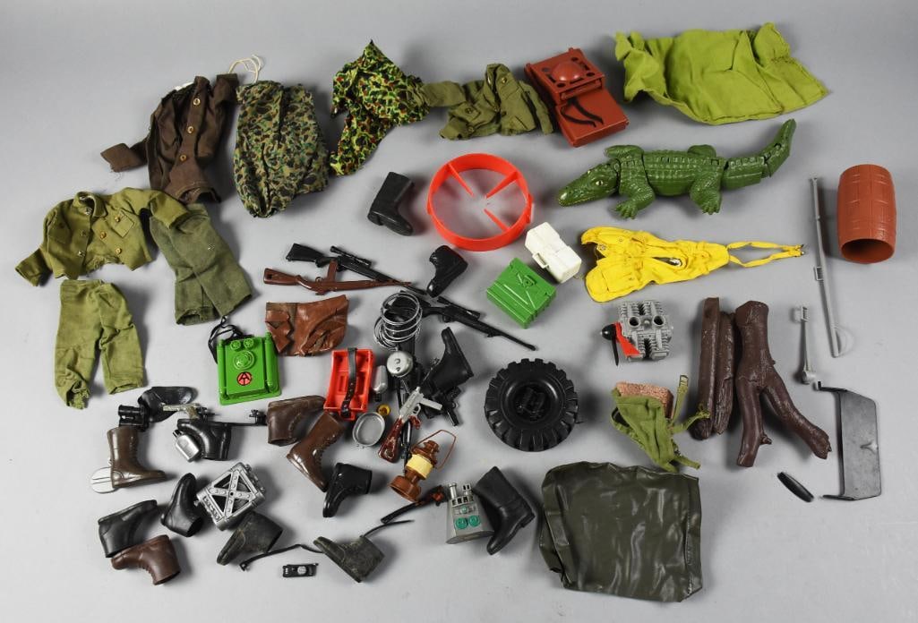 Vintage Assorted GI Joe Uniforms & Accessories: These pieces all appear to be for GI Joe. They include uniforms, rifles, boots, alligator and more.?