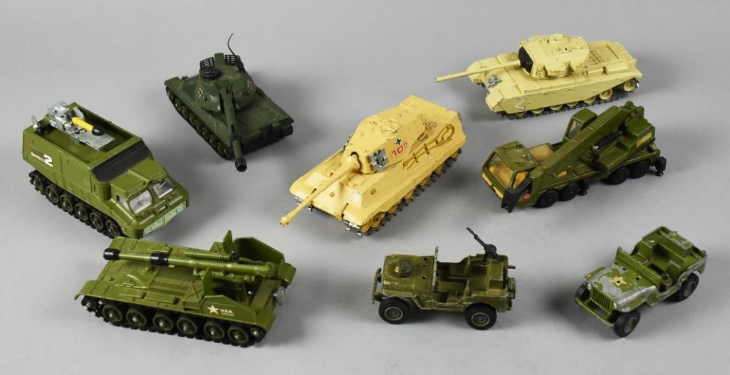 Vintage Dinky & Polistil Military Vehicles - Loose: Cool vintage toy lot from Polistil and what appears to be Dinky. Includes tanks, jeep and other military style vehicles.