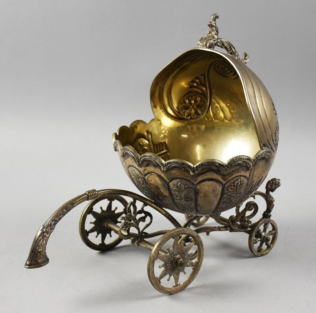 Antique 900 Silver Pumpkin Carriage Ice Cube Server: Stylish and fun antique piece of .900 silver believed to be of Belgian origin. This tableware in the form of a pumpkin or carriage appears hand cashes with flower and scroll on top and paneled