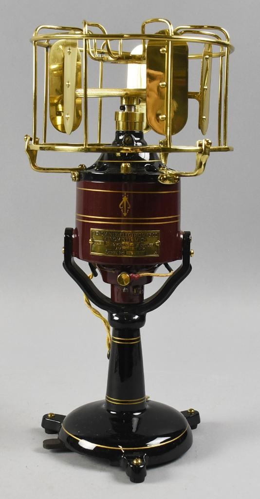c1915 Menominee Electric Mfg Co Vertical Axis Fan, Restored: This is a stunning and very rare fan from the Menominee Electric Mfg Co. It is a Vertical Axis fan, c1915. It has been restored with burgundy and black enamel painting with gold accents. Cage appears 
