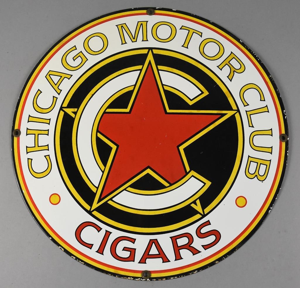 Vintage Chicago Motor Club Cigars Porcelain Sign: This great sign is for the Chicago Motor Club, Cigars porcelain enamel sign. Four color once sided sign, white porcelain enamel on reverse. Measures approx. 18" across. From the home of a professional