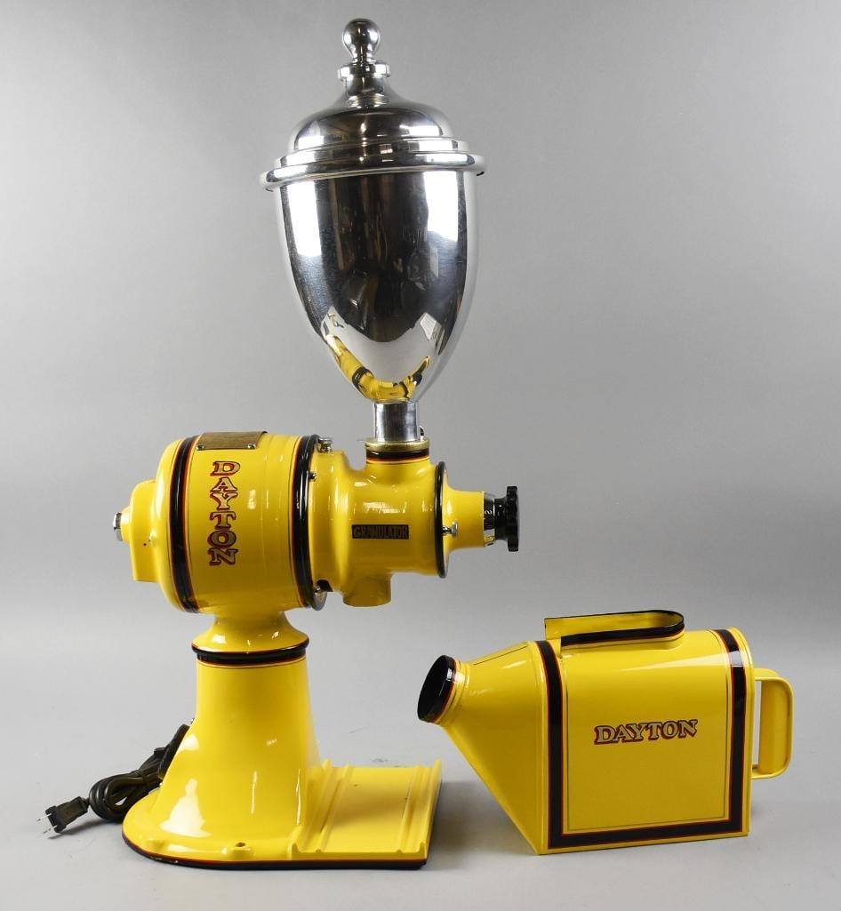 International Business Machines Dayton Coffee Grinder, Restored: This awesome coffee grinder is a Dayton electric from International Business Machines. It has been fully restored in the rich yellow enamel paint with black and red accents and hand painted DAYTON on 